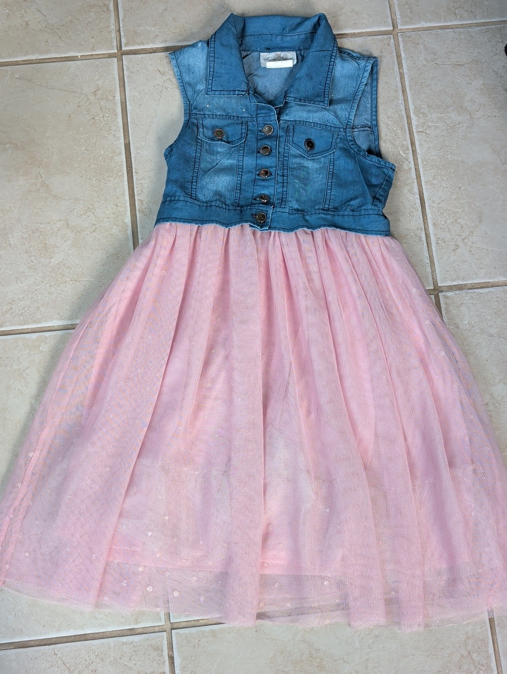 Rare Editions Denim Bodice Pink Tulle Dress